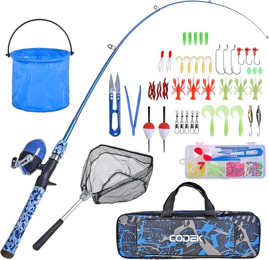 CODEK Kids Fishing Pole Set with Full Starter Kits 2 Set Portable Telescopic Fishing Rod and Spincast Reel Cambos with a Fishing Net and 2 Buckets for Boys Girls and Youth