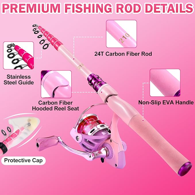 Carbon Fiber Fishing Rod and Reel Combos, Portable Telescopic Fishing Pole with Spinning Reel, Travel Bag for Saltwater Freshwater