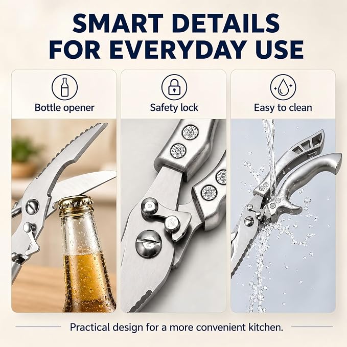 Poultry Shears - Heavy-Duty Kitchen Scissors with Fish Scaler & Bottle Opener, 2CR14 Stainless Steel, Spring Loaded, Multi-Purpose Scissors for Meat, Chicken, and Fish, Dishwasher Safe.