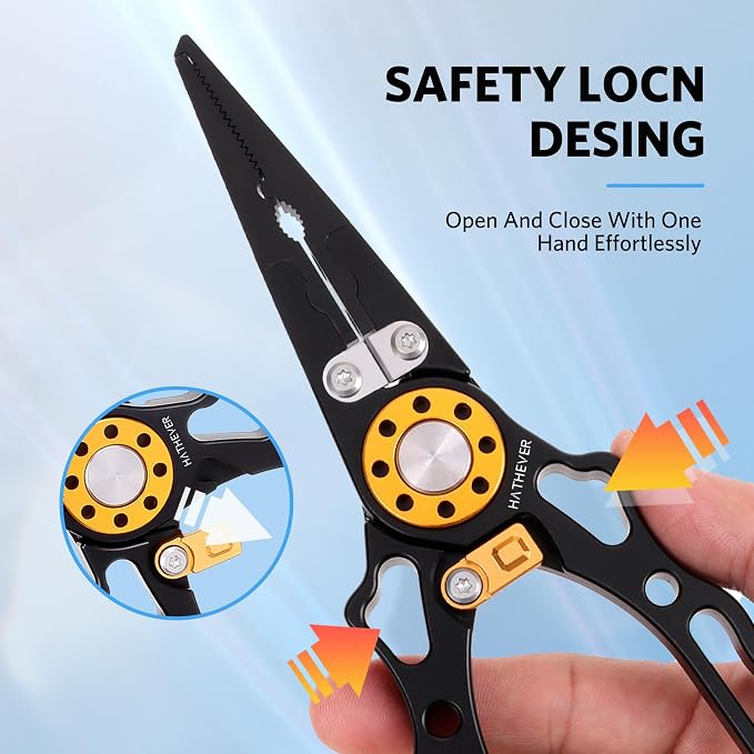 Fishing Pliers Saltwater, Split Ring Pliers Hook Remover with Safety Lock, Fishing Tools with Sheath and Lanyard, Fishing Gifts for Men
