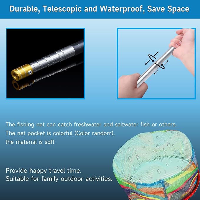 2PCS Fishing Net with Bucket, Telescopic Fishing Landing Net, Collapsible Youth Sand Bucket, Youth Fish Butterfly Catching for Freshwater Saltwater Outdoor Activities