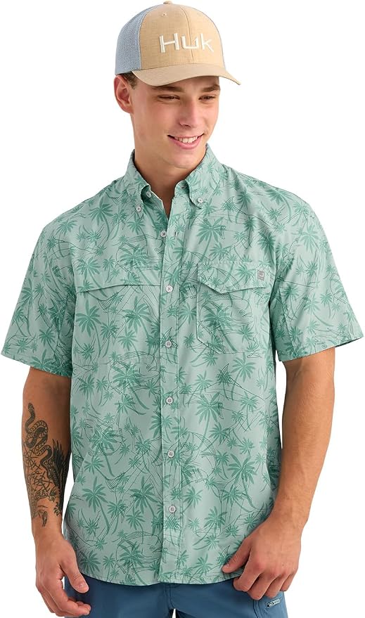 HUK Men's Tide Point Kc Scott Original Artwork Short Sleeve Shirt, Fishing Button Down