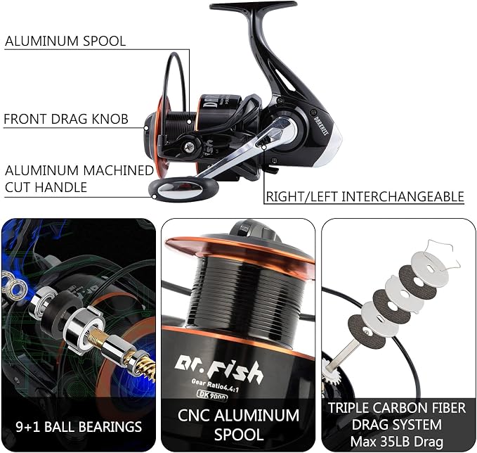 Dr.Fish Surf Fishing Rod and Reel Combo, Saltwater Fishing Combo, 12ft Surf Rod 8000/9000 Spinning Reel 9+1 BB, Offshore Gear Kit Pole Equipment Set