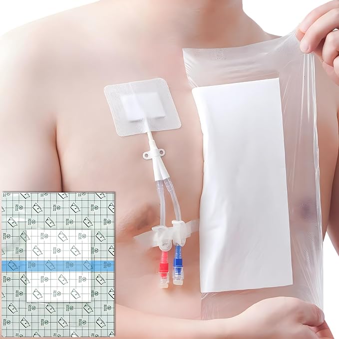 Waterproof Shower Cover Shields Dialysis Port Picc Line Chest Catheter PD Peritoneal Dialysis Chemo, Non-Stick Center Pad for Feeding Tube Peg G-Tube Patient Bandage Protector, 12"x12"(Pack of 7)
