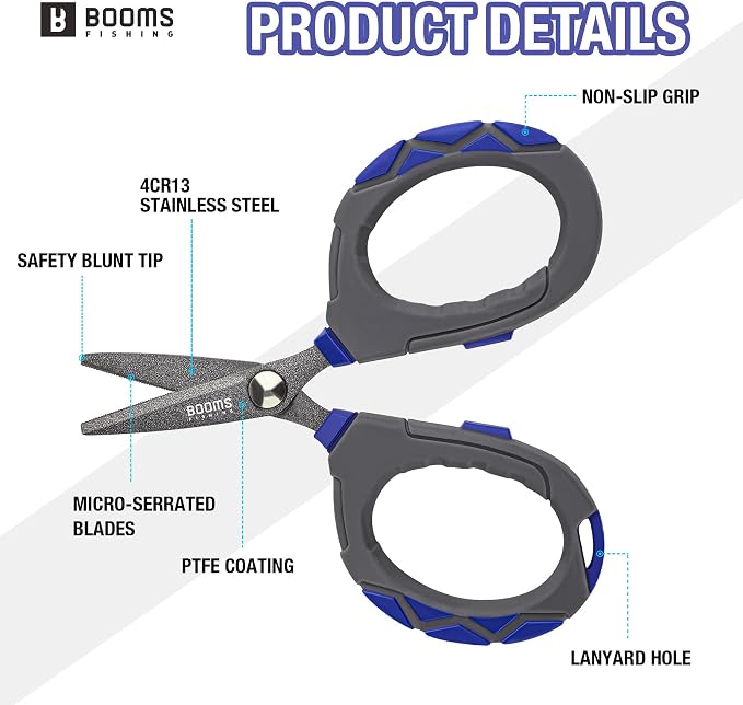 Booms Fishing Braided Line Scissors: Micro-Serrated Stainless Steel Blades Line Cutter - XW01 4.1" Fishing Serrated Shears with Coiled Lanyard