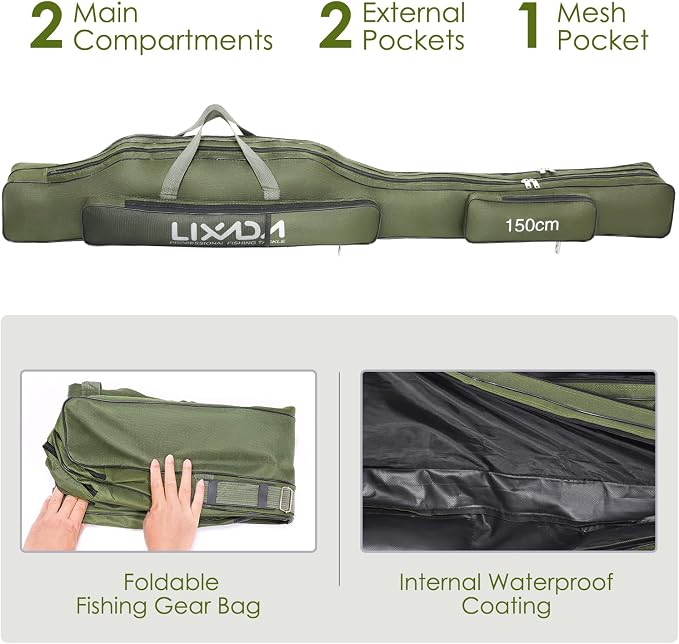 Lixada Fishing Rod Case, Portable Folding Fishing Rod Case Fishing Pole Reel Storage Bag Fishing Gears Organizer