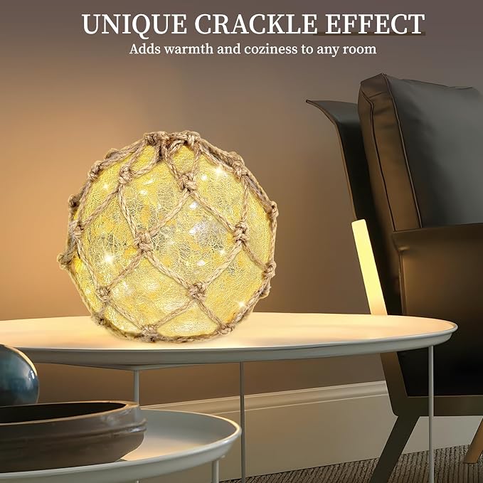 5.91" Glass Fishing Float Night Light – Cracked Glass Ball, Battery Powered Nautical Lamp for Coastal Beach Decor