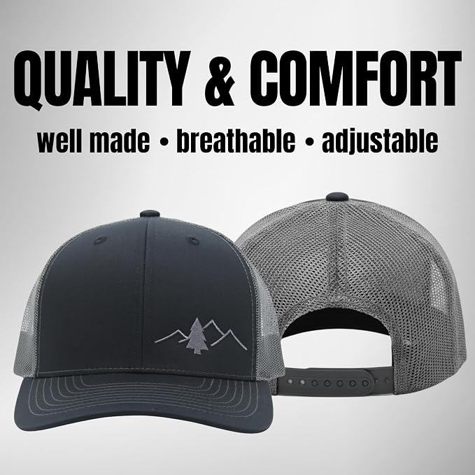 LINDO Trucker Hat [ Great Outdoors Design ] for Men and Women: Mid Profile Cap with Breathable Mesh Back and Adjustable Snap