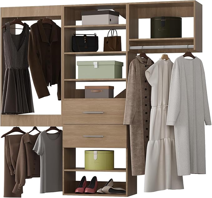 ROOMTEC Modular Closet System, 78" Wall Mounted Modern Closet Organizer with Hanging Rods and Drawers, Wooden Tower for Walk-In Closets, Wardrobe Storage Kit, Wood