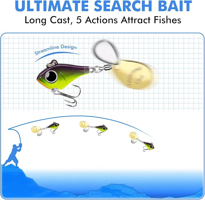 TRUSCEND Vibespinner Easy Catch Fishing Lures with BKK Hooks, Tail Spinner Baits with 4 Actions, Vibrating Swimming Flashing & Jigging for More Bites, Spoon Lures for Bass Trout Crappie Walleye Pike