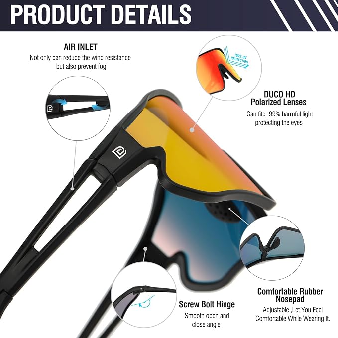 DUCO Polarized Sports Sunglasses for Men Women: UV400 Protection 24g Wrap Around Glasses for Baseball Running Hiking DC0023