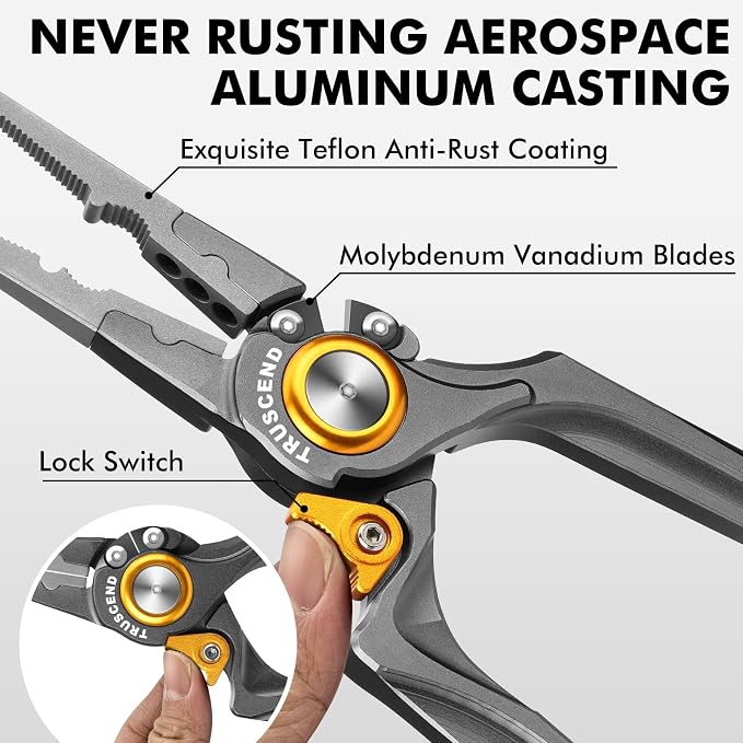 TRUSCEND Easy Use Lockable Fishing Pliers with Tungsten Carbide Cutter, Innovative Ergonomic Handy Handle, Saltwater Corrosion Resistant Teflon Coated Fishing Tool, Light Multi-Function Fishing Gear