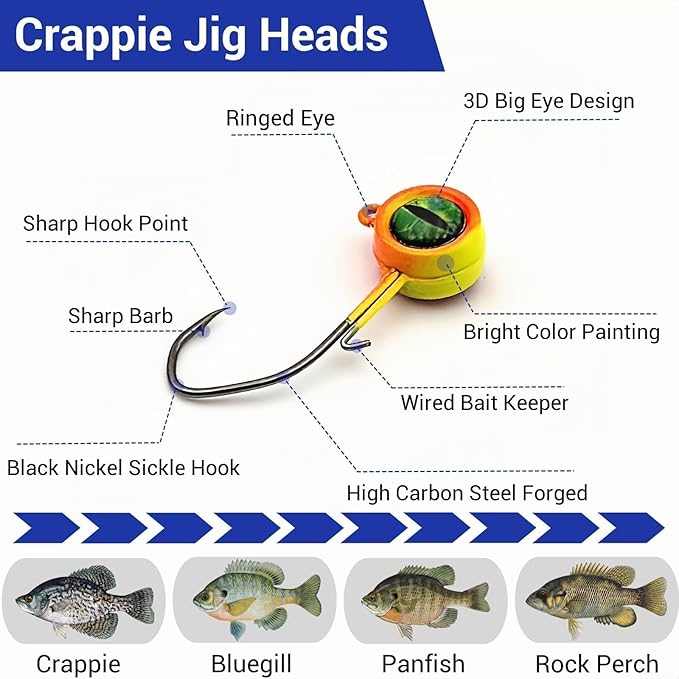 60Pcs Big Eye Crappie Jig Heads Kit, Bright Color Panfish Fishing Jig Heads Hook with Wired Bait Keeper Swimbait Jighead for Crappie Walleye 3 Sizes 1/32oz 1/16oz 1/8oz