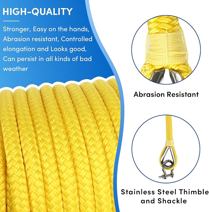 Boat Anchor Rope 100 ft x 1/2 inch Yellow, Double Braided Anchor Line with Stainless Steel Thimble & Shackle, Marine Rope Ideal for Towing,Mooring,Decks,Anchoring,for Boats Up to 35'