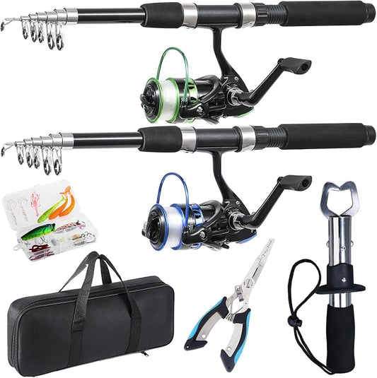 Tripquips Fishing Rod, 2PCS Telescopic Fishing Rod and Reel Combo with Fishing Pliers and Lip Gripper, Pre-Loaded Spinning Reel Combo, Fishing Pole with Carrier Bag Fishing Gear