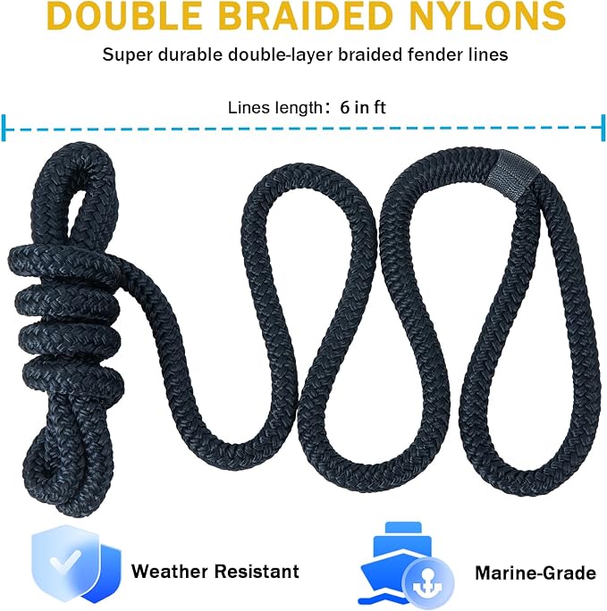 2 Pack 3/8'' x 6' Boat Fender Lines for Mooring, Docking Ties & Small Boat,Premium Marine- Grade Double Braided Nylon Boat Rope with a 5" Eyelet,Anti-Wear & Weather-Resistant-Navy Blue