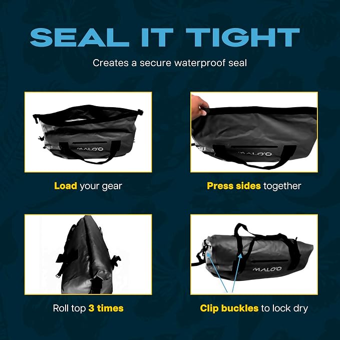 Malo’o Waterproof Dry Duffel, Heavy-Duty Roll Top Waterproof Gear Bag with Shoulder Strap & Molle Loops, Marine Duffel for Kayaking, Boating, Camping, Beach & Travel, Black, 60L