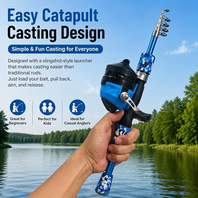 Catapult Fishing Rod Combo with Spincast Reel & Complete Tackle Kit, Slingshot Casting System, 15-25M Distance for Beginners