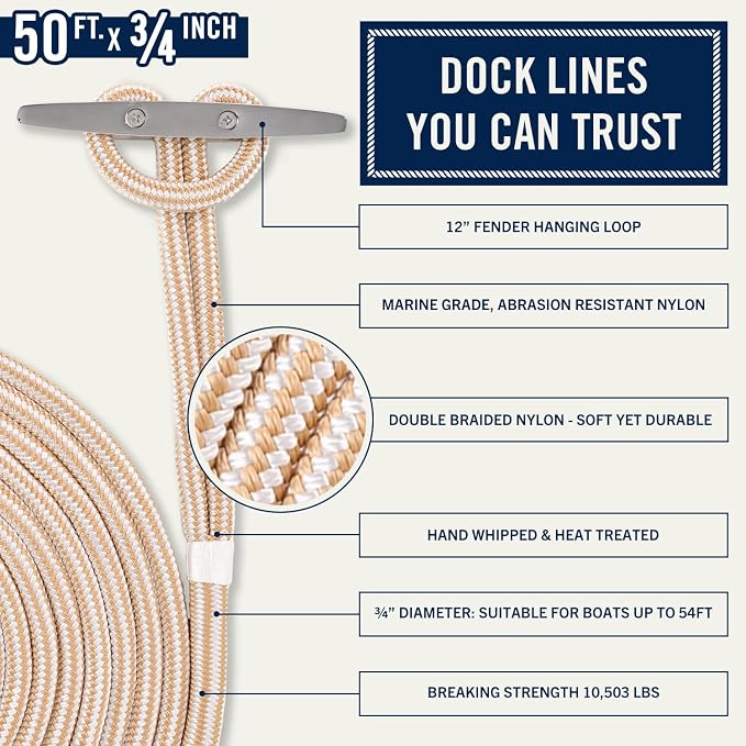 RainierSupplyCo Dock Lines - Boat Rope for Docking with Loop - 50 ft x 3/4 Inch Premium Double Braided Nylon Marine Rope - Mooring Line with 18" Eyelet - Boat Accessories - White Gold