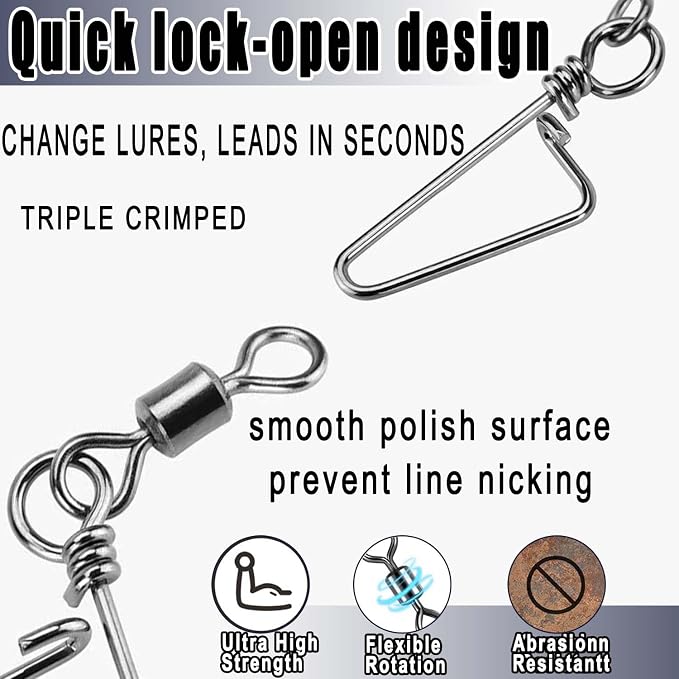 150pcs Fishing Snap Swivels Barrel Swivel with Coastlock Snap Stainless Swivel Corrosion Resistant Fishing Tackle Accessories Lure Line Connector for Saltwater Freshwater Fishing