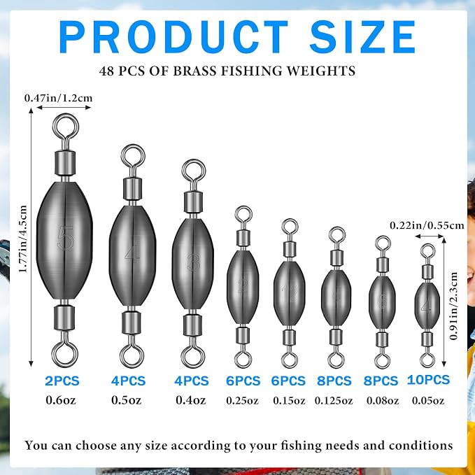 Seenelling 48 Pcs Trolling Sinkers with Swivels Brass Fishing Sinker Different Sizes Egg Sinkers Fishing Weights Saltwater Bullet Sinker with Swivel Rolling Removable Freshwater