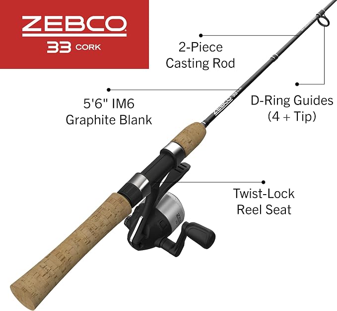 Zebco 33 Cork Reel and Fishing Rod Combo, Graphite Rod with Cork Handle, QuickSet Anti-Reverse Fishing Reel with Bite Alert
