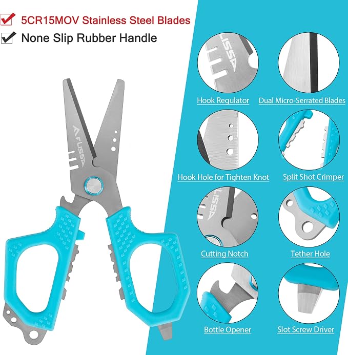 FLISSA Fishing Tool Kit, Fish Gripper with Scale, Braided Line Scissors, Fish Fillet Knife/Muti-Function Fishing Pliers/Fish Hook Remover, Saltwater Resistant Fishing Gear with Safety Coiled Lanyard
