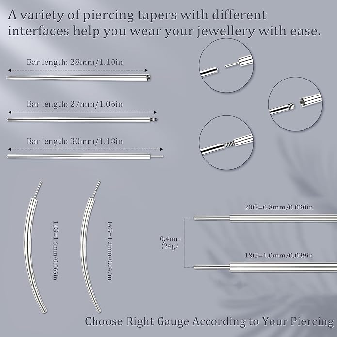 14G 16G 18G 20G Piercing Taper Piercing Ball Grabber Tool Stainless Steel Flat Back Earring Applicator Tool Threadless Insertion Pin Curved Body Piercing Kit for Ear/Nose/Navel/Lip/Eyebrow