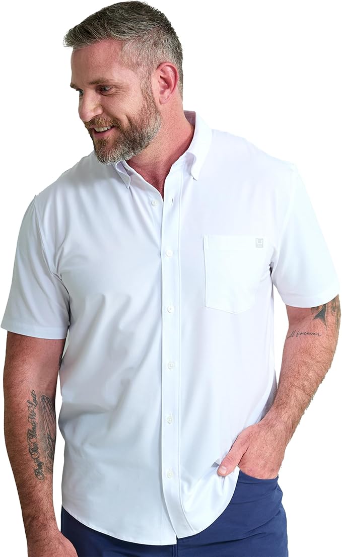 HUK Mens Kona Solid Short Sleeve Fishing Button Down Shirt for Men, Fresh Salmon, 3X-Large
