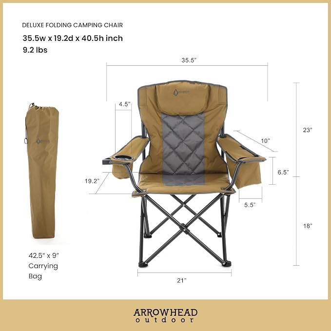 ARROWHEAD OUTDOOR 2-Pack Portable Deluxe Folding Camp Quad Chair w/Headrest, Glass & Cup Holders, Armest 6-can Cooler, Heavy Duty Carry Bag, 550 lbs Weight Capacity