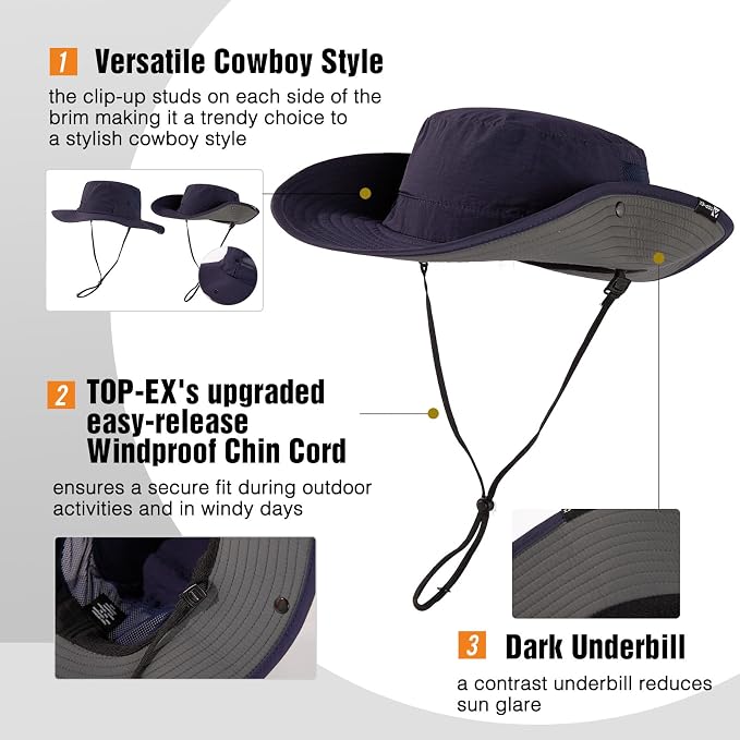 TOP-EX Men's Wide Brim Sun Hat UPF 50+ Waterproof, Packable Breathable Mesh Boonie Bucket Cap for Hiking Fishing Safari