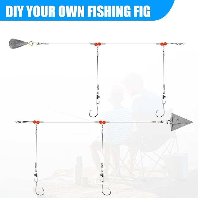 Fishing Leaders Saltwater Tackle Surf Fishing Rigs High Strength Steel Fishing Wire Leaders with Swivel Snaps Beads Gear Equipment for Lures Bait Hooks, 1Arm 2Arms & 3Arms
