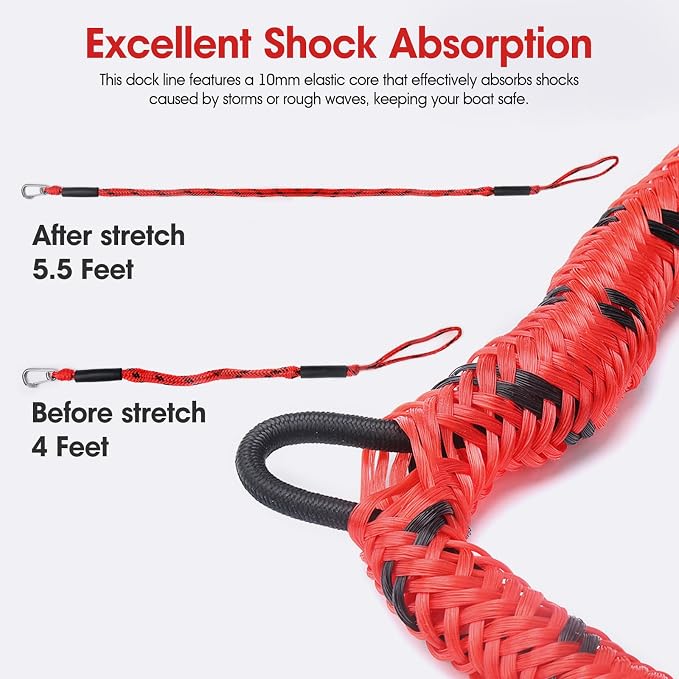 4 Feet Bungee Dock Line with Stainless Steel Clip & Foam Float 2pcs, Mooring Rope for Docking with Built-in Snubber, Ideal Boat Accessories for PWC, Jet Ski, SeaDoo, Kayak, Pontoon, Canoe