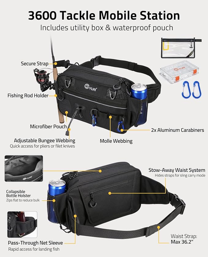 CVLIFE Fishing Tackle Bag Waist Pack with Rod Holder, Water Resistant Fanny Pack Includes 3600 Tackle Box, Waterproof Pouch & Carabiners, Convertible Sling Bag with Net Holster for Gear