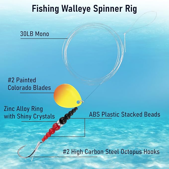 Alwonder 5PCS Walleye Rigs Wedding Ring Fishing Lures, Colorado Blades Stacked Fishing Beads Octopus Hooks Pre-Rigged Bait Rig, Crawler Harness Walleye Kokanee Salmon Spinner Rigs Kit 46IN 30LB Mono