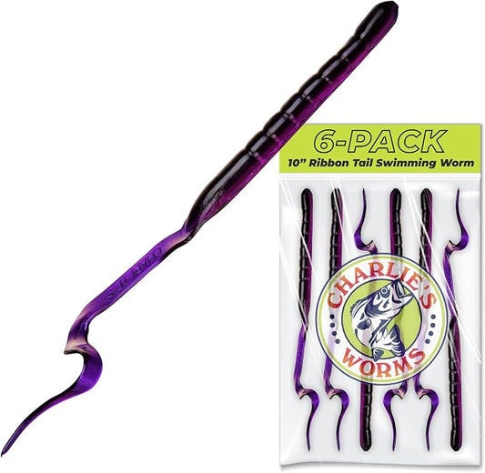 Charlie's Worms 10" Ribbon Tail Soft Plastic Worms for Bass Fishing, Freshwater & Saltwater Lures, Scented Swim Bait, Texas Rigged, Weedless, Large & Smallmouth, White Firetail, 6-Pack