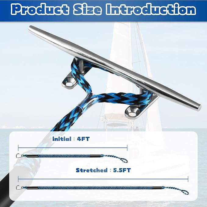 Bungee Dock Line with Stainless Steel Clip – Boat Dock Rope with Foam Float for Kayak, Canoe, Pontoon, Watercraft, SeaDoo, Docking – 4–5.5 ft, 2 Pack（Blue&Black）