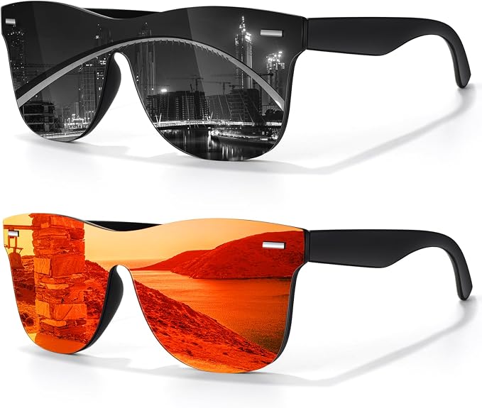 LINVO Trendy Polarized Mirrored Sunglasses Men Womens, Flat One Piece Reflective Shades for Driving Fishing UV400 Protection