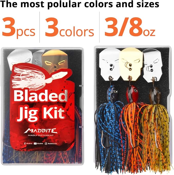 MadBite by KastKing Bladed Jig Fishing Lures, Multi-Color Kits, Irresistible Vibrating Action, Sticky-Sharp Heavy-Wire Needle Point Hooks, Popular 3/8 oz and 1/2 oz Sizes, Includes Storage Box