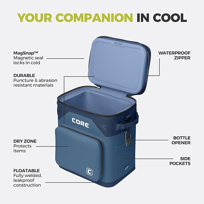 CORE Magnetic Leak Proof Soft Cooler with Waterproof Zipper | Insulated Bag Portable Ice Chest Box | Best Soft Cooler for Food & Beverages for Tailgating, Car Camping, Travel, and Family Beach Picnics