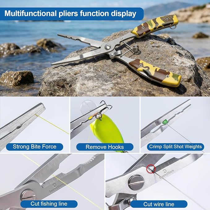 Fishing Needle Nose Pliers for Saltwater, Long Nose Stainless Steel Hook Remover with Braid Line Cutter and Split Ring Tool, Spring Loaded Fishing Pliers
