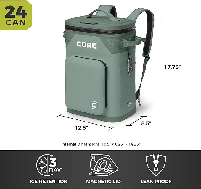 CORE Magnetic Leak Proof Soft Cooler with Waterproof Zipper | Insulated Bag Portable Ice Chest Box | Best Soft Cooler for Food & Beverages for Tailgating, Car Camping, Travel, and Family Beach Picnics