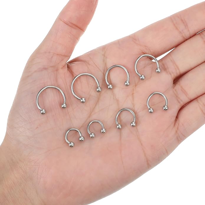 8 Pcs Septum Piercing, Stainless Steel Septum Rings 16G, Horseshoe Septums 6/8/10/12 External Thread with Replacement Ball and Grip Pen for Nose, Eyebrows, Ears, Lips