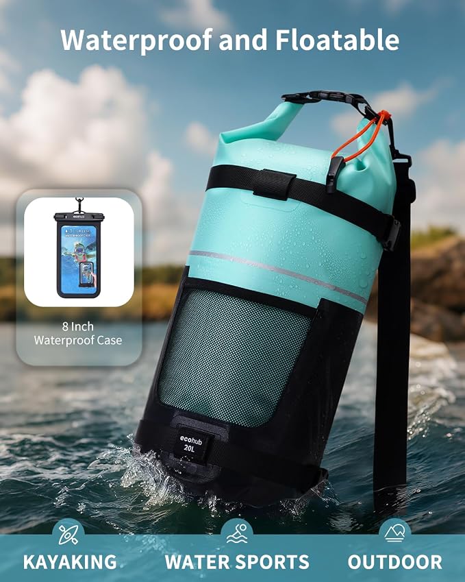 ECOHUB Waterproof Dry Bag for Women Men, 5L/10L/20L Roll Top Lightweight Dry Storage Bag Backpack for Travel Kayaking Hiking Floating with Waterproof Phone Case
