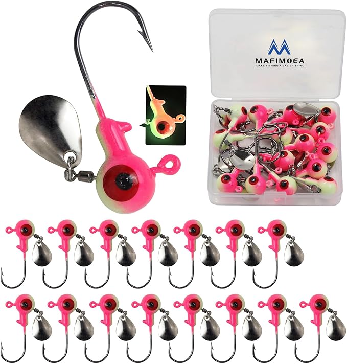 15/20/30Pcs Underspin Jig Heads with Spinner Fishing Jig Heads Hooks Set Crappie Jigs Fishing Jig Hooks Assortment Saltwater Freshwater Bass Crappie Trout Glow in The Dark…