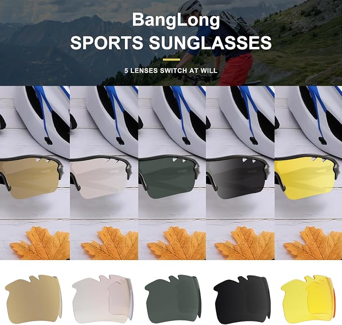 BangLong Polarized Cycling Sunglasses for Men Women, 26g Sports Sunglasses with 5 Lenses for Running Fishing Baseball Driving