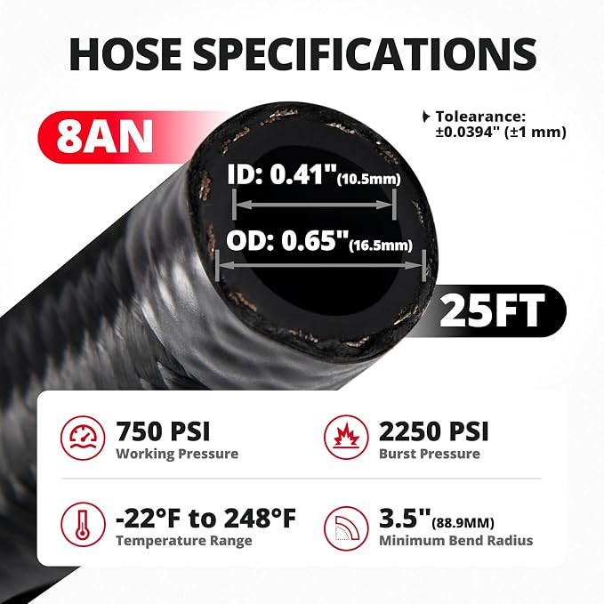 EVIL ENERGY 8AN Fuel Line, AN8 Braided Fuel Hose Nylon CPE 25FT Black