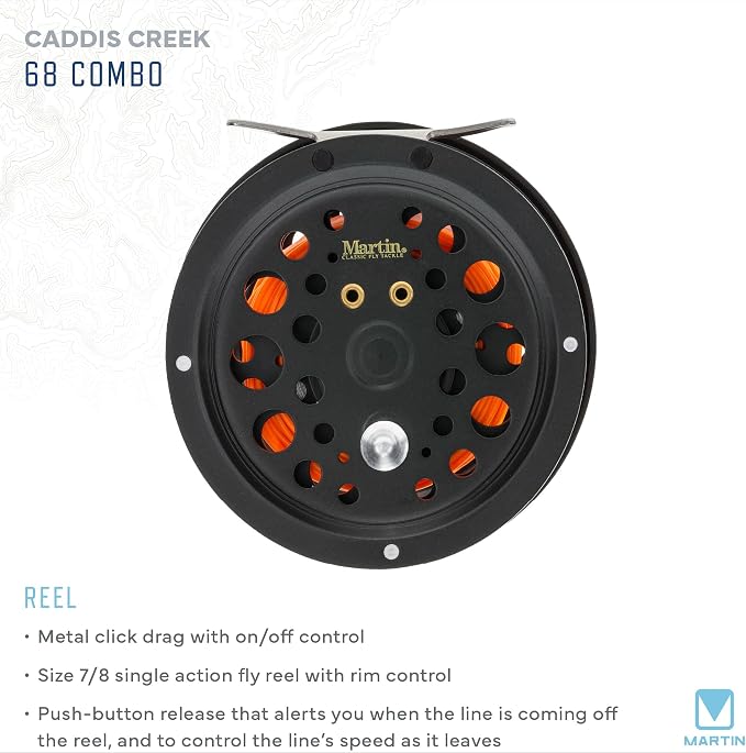 Martin Caddis Creek Fly Fishing Rod and Reel Combo, 9-Foot 2-Piece Fiberglass Rod, Moderate Fast Action, Single Action Fly Reel, Aluminum Frame and Spool, Interchangeable Retrieve, Brown