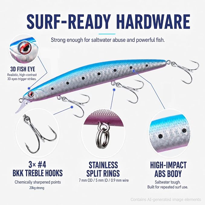 LITTMA California Surf Fishing Lures Saltwater Jerkbait Crankbait Surf Minnow 110/125 - Metallic Sardine Super Glow & Pearl Pink Belly Glow Lures for Halibut & Striper Fishing