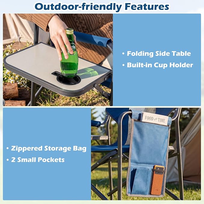 COSTWAY Oversized Folding Camping Chair with Padded Seat, Side Table, Cup Holder & Storage Pocket, Heavy-Duty Portable Director's Chair for Beach, Fishing, Picnic & Sports, Supports 400 lbs (Navy,1)